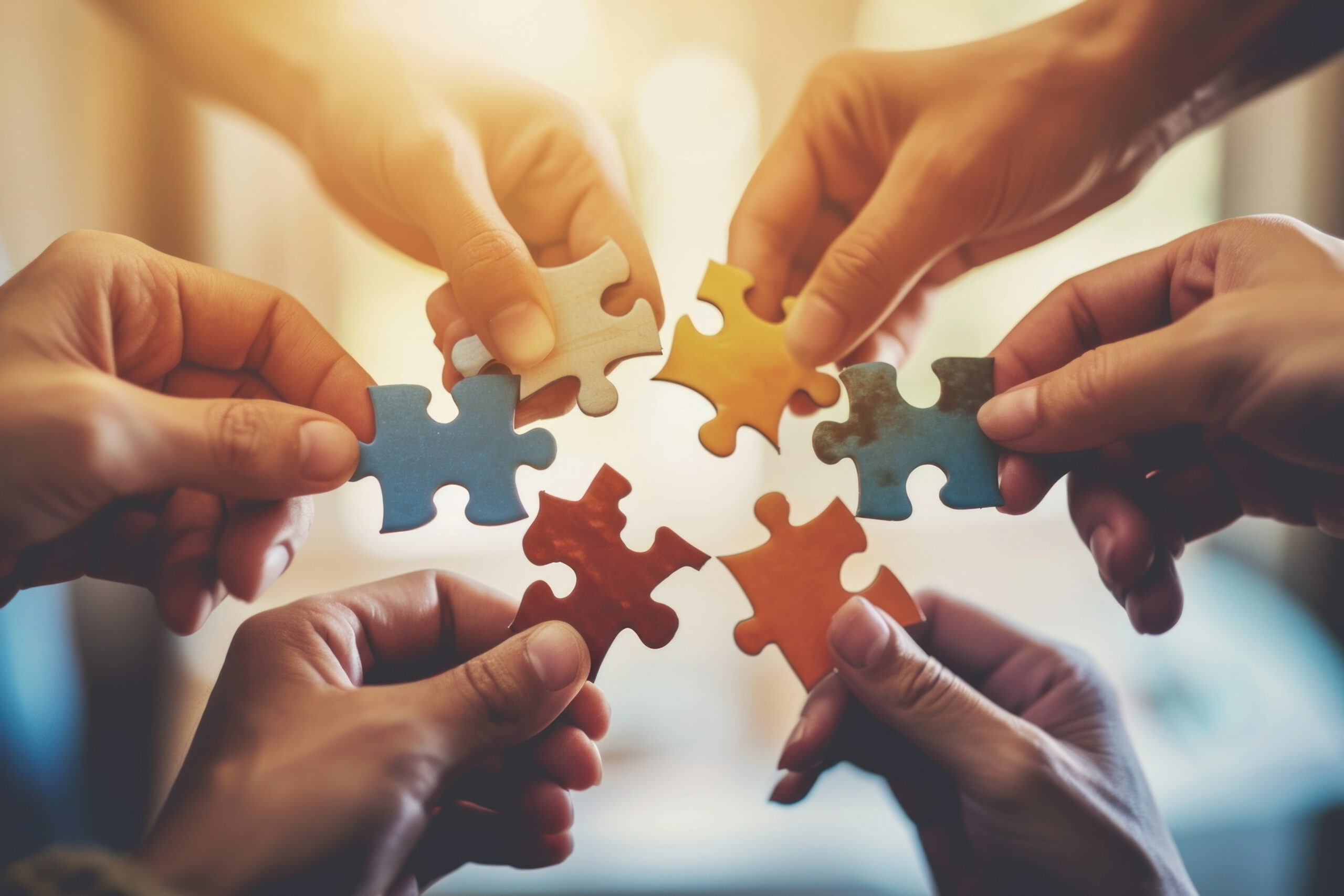 Ein Team, das gemeinsam Puzzleteile zusammen bringt.